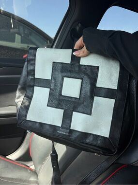 Jonathan Adler Black and White Geometric Leather Messenger Bag